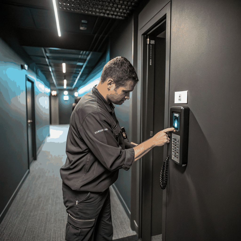 Technician calibrating a digital keypad access control unit