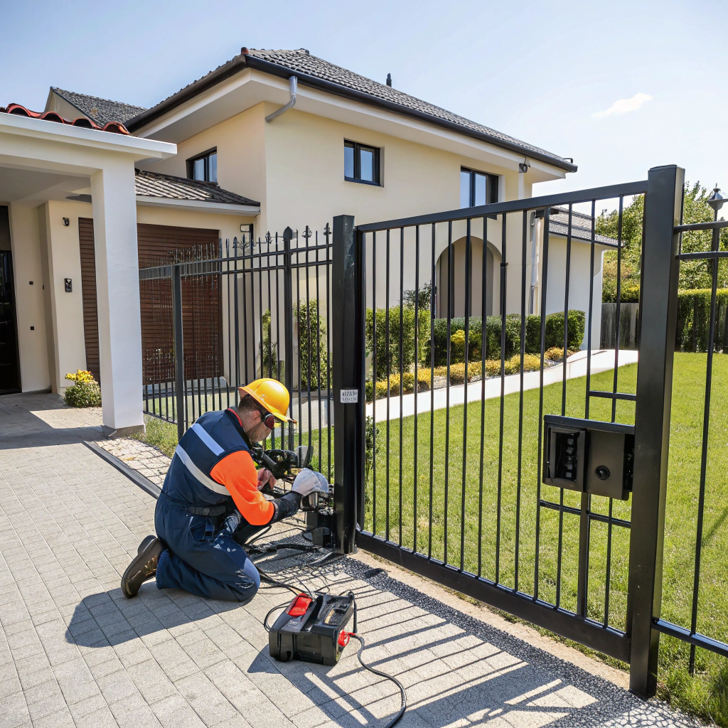 Technician evaluating a residential gate entrance in North Texas
