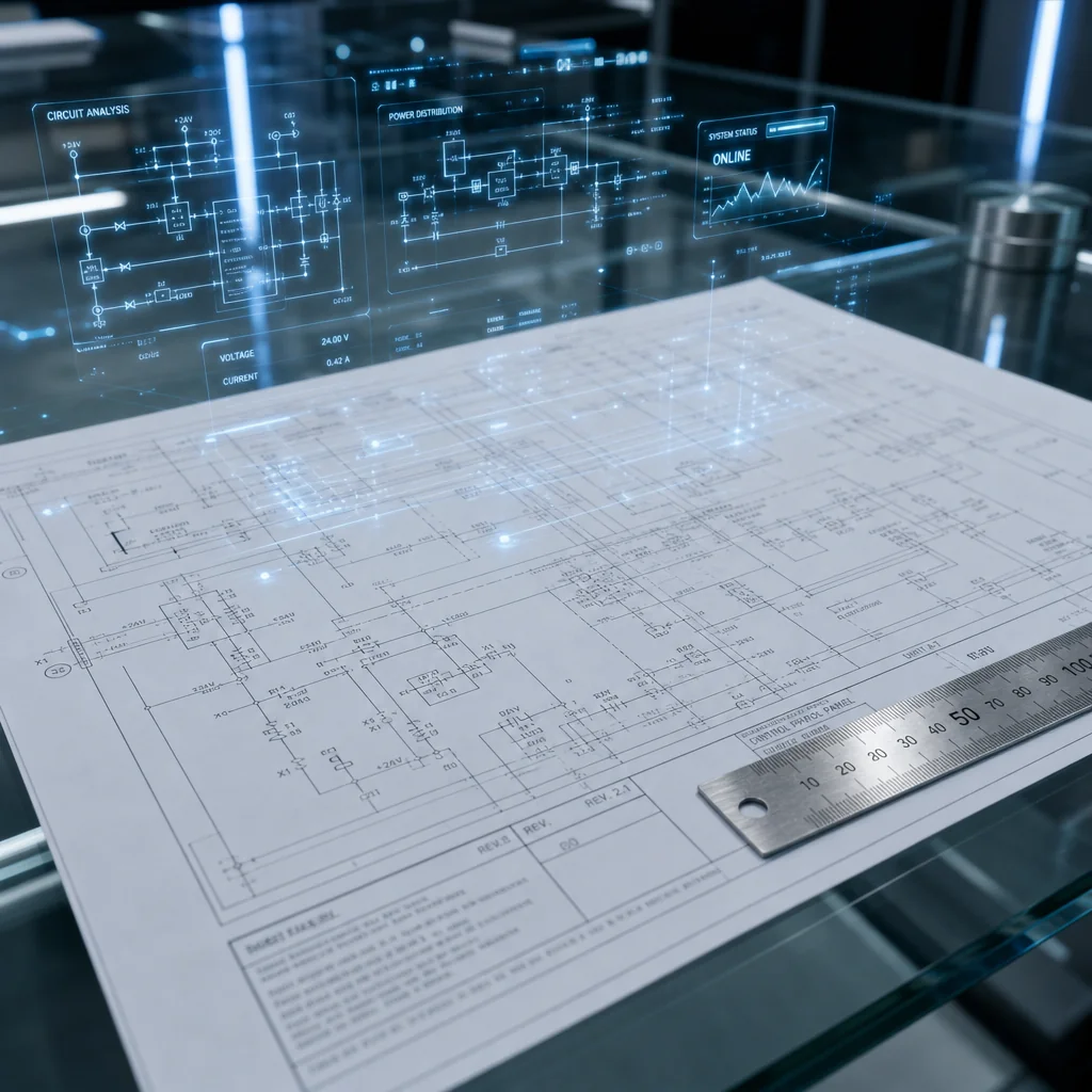 Detailed blueprint and hardware components for a gate operator system